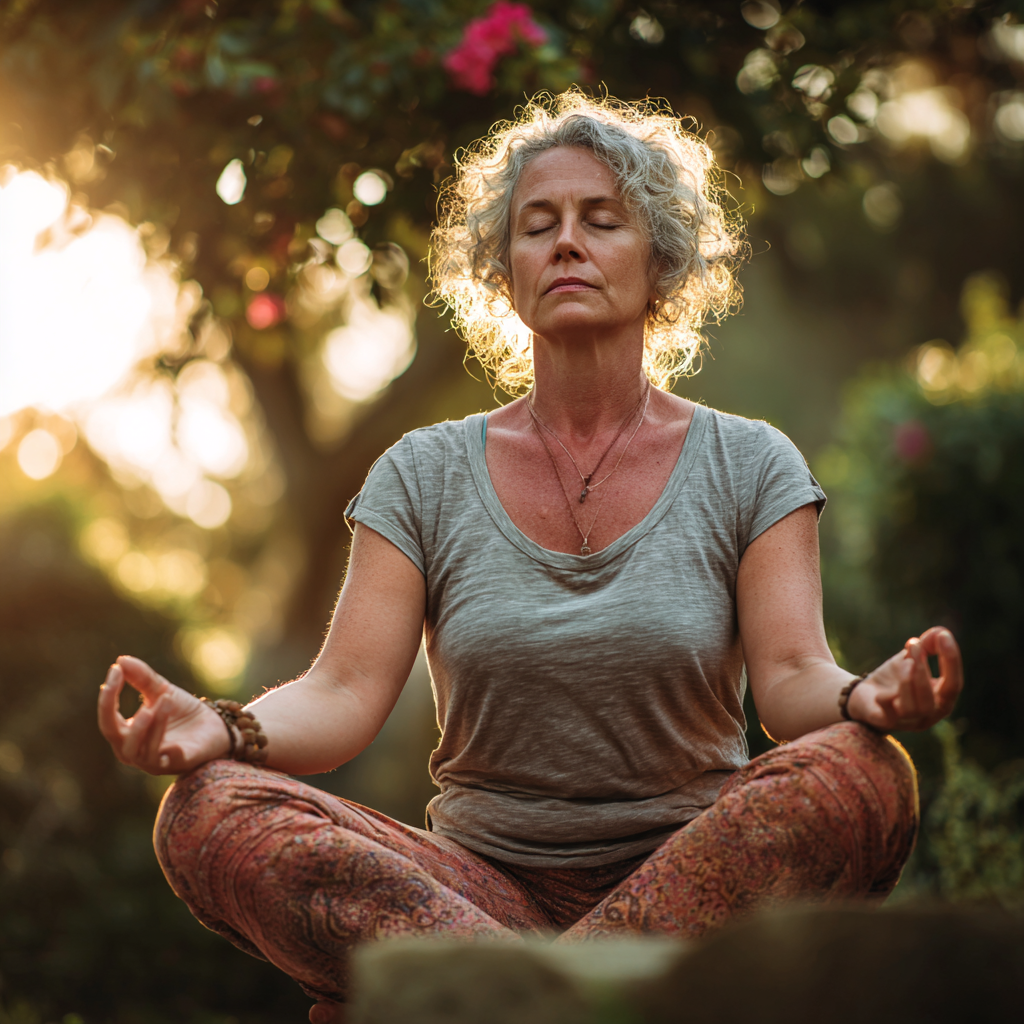 Жінка 55 років виконує асану йоги на природі, демонструючи спокій та гармонію