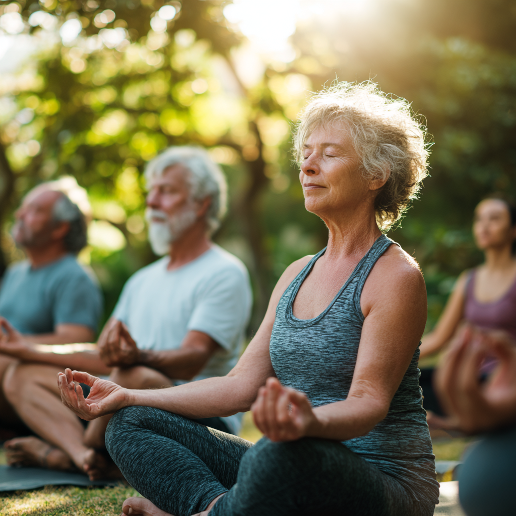 Група людей середнього віку 50-55 років виконують йогу на свіжому повітрі серед зелені