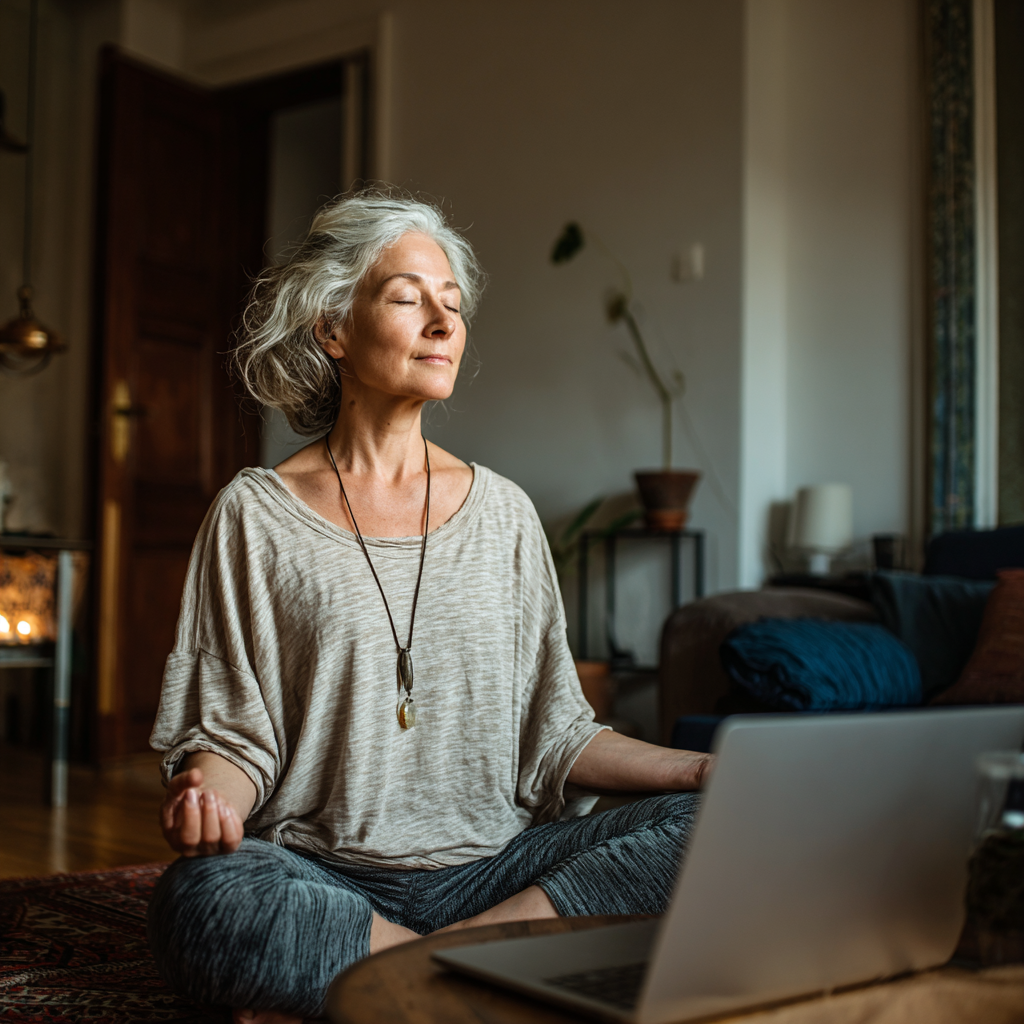 Жінка 60 років займається йогою вдома, дивлячись на екран ноутбука з онлайн-заняттям monderish
